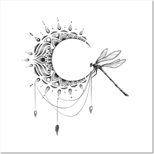 Intricate Half Crescent Moon with Dragonfly Tattoo Design Posters and Art